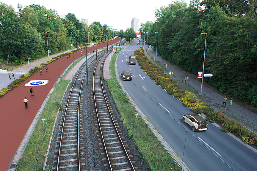 Gedankenspiel über die Erich-Panitz-Straße Blick von der Expoweg-Brücke nach Laatzen-Mitte: in der Mitte bleibt das Gleisbett, links davon ist ein Zweirichtungs-Radweg, die rechte Seite hat für jede Richtung eine Kfz-Spur